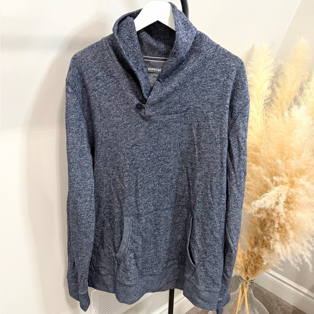 Express Shawl Collar Pullover Sweater | Blue Heather Cotton Blend